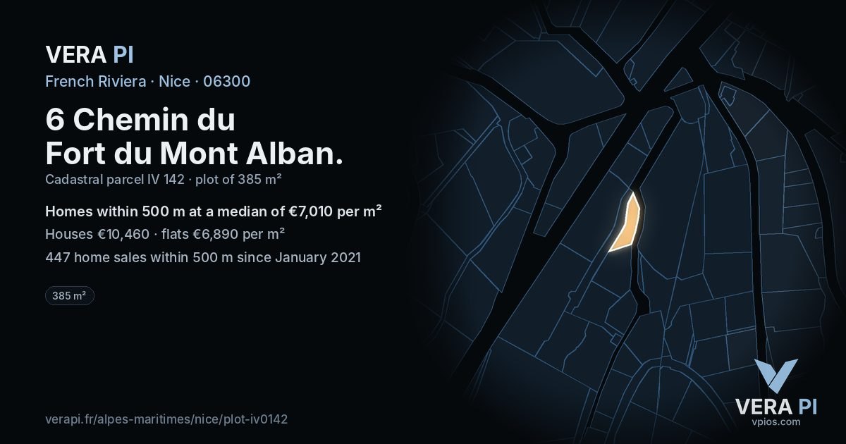 6 Chemin du Fort du Mont Alban, Nice at night – the plot lit, the parcels around coloured by the prices near them
