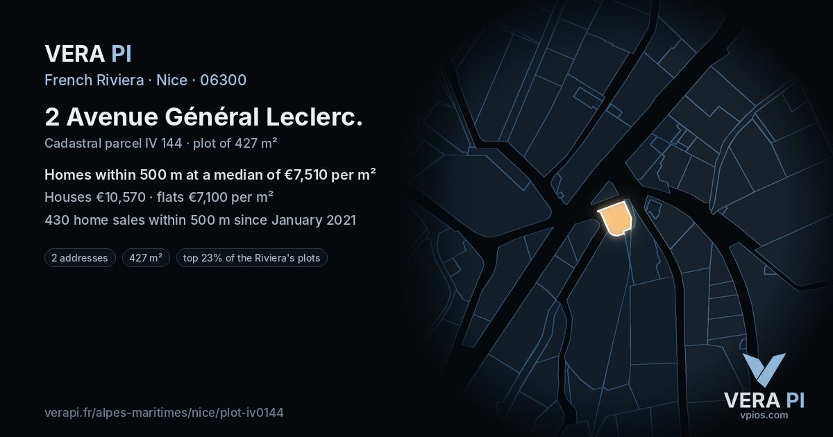 2 Avenue Général Leclerc, Nice at night – the plot lit, the parcels around coloured by the prices near them