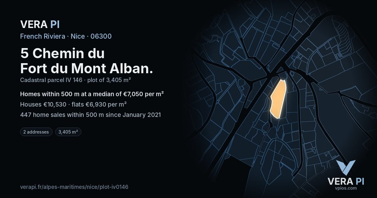 5 Chemin du Fort du Mont Alban, Nice at night – the plot lit, the parcels around coloured by the prices near them