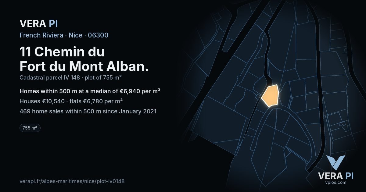 11 Chemin du Fort du Mont Alban, Nice at night – the plot lit, the parcels around coloured by the prices near them