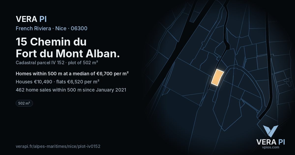 15 Chemin du Fort du Mont Alban, Nice at night – the plot lit, the parcels around coloured by the prices near them