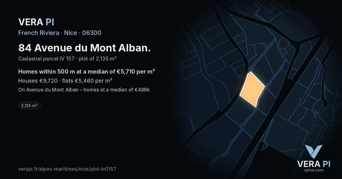 84 Avenue du Mont Alban, Nice at night – the plot lit, the parcels around coloured by the prices near them