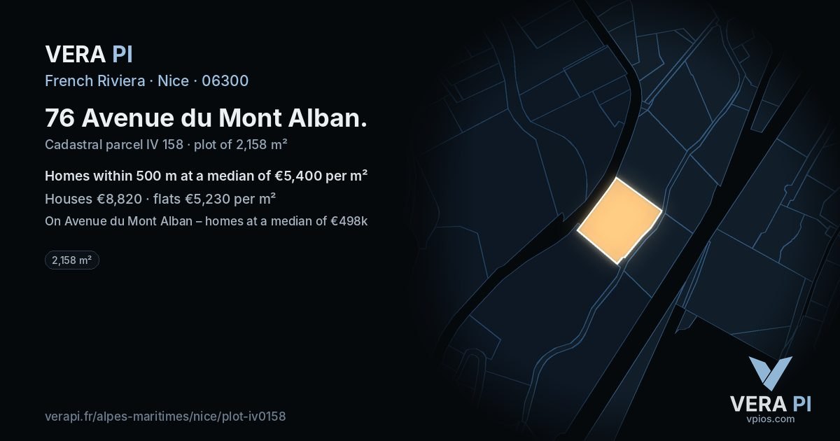 76 Avenue du Mont Alban, Nice at night – the plot lit, the parcels around coloured by the prices near them