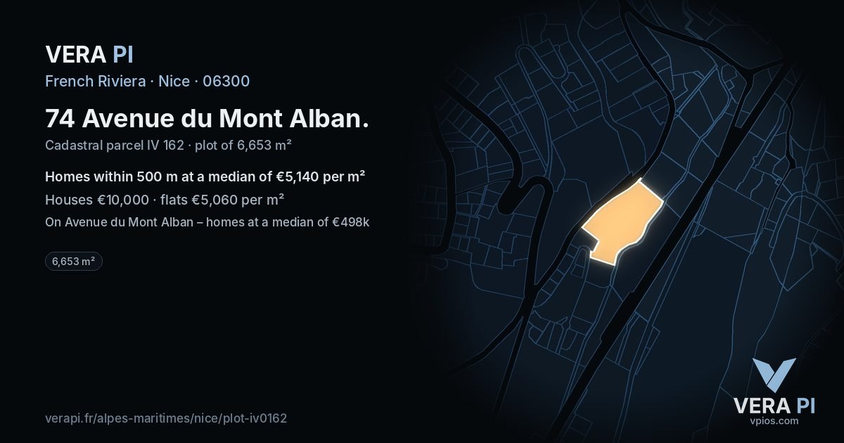 74 Avenue du Mont Alban, Nice at night – the plot lit, the parcels around coloured by the prices near them