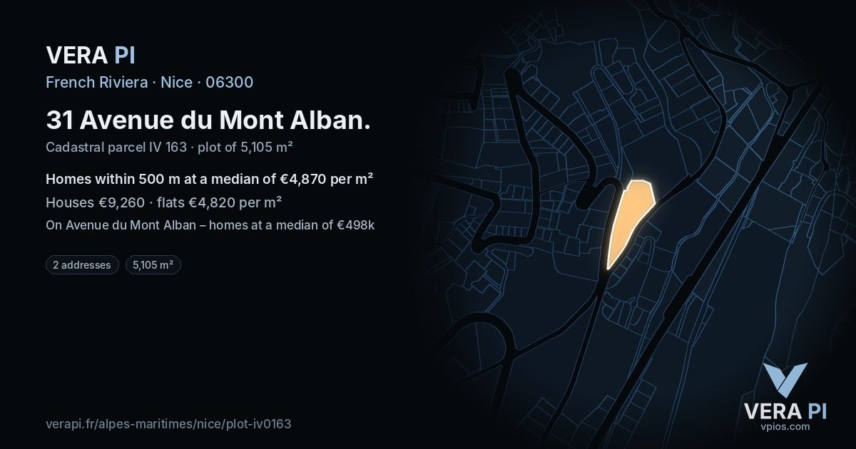 31 Avenue du Mont Alban, Nice at night – the plot lit, the parcels around coloured by the prices near them