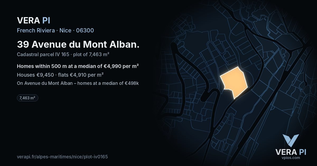 39 Avenue du Mont Alban, Nice at night – the plot lit, the parcels around coloured by the prices near them