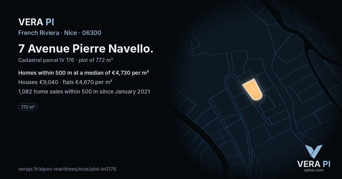 7 Avenue Pierre Navello, Nice at night – the plot lit, the parcels around coloured by the prices near them