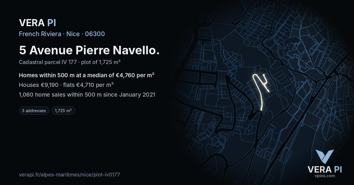 5 Avenue Pierre Navello, Nice at night – the plot lit, the parcels around coloured by the prices near them