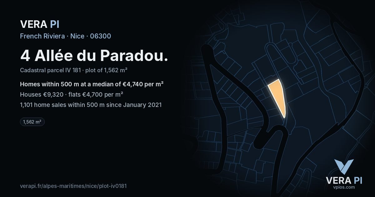 4 Allée du Paradou, Nice at night – the plot lit, the parcels around coloured by the prices near them