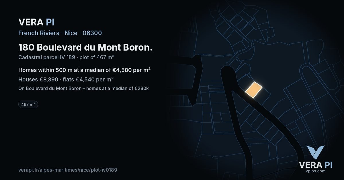 180 Boulevard du Mont Boron, Nice at night – the plot lit, the parcels around coloured by the prices near them