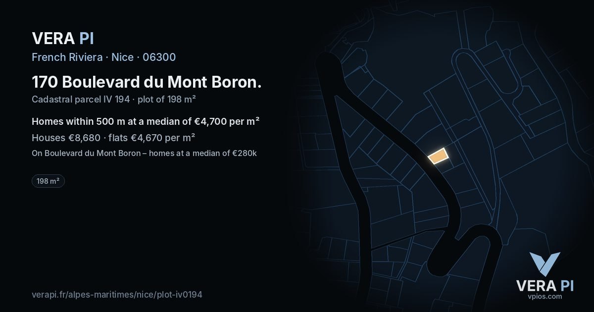 170 Boulevard du Mont Boron, Nice at night – the plot lit, the parcels around coloured by the prices near them