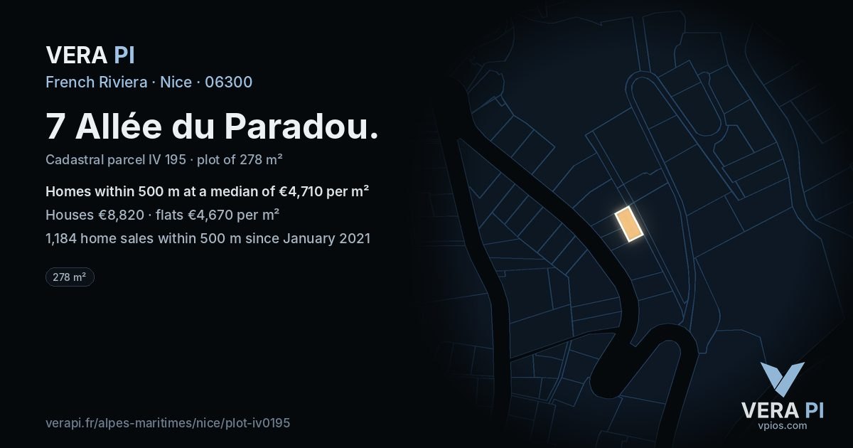 7 Allée du Paradou, Nice at night – the plot lit, the parcels around coloured by the prices near them