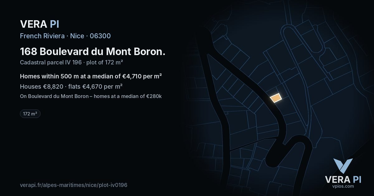 168 Boulevard du Mont Boron, Nice at night – the plot lit, the parcels around coloured by the prices near them