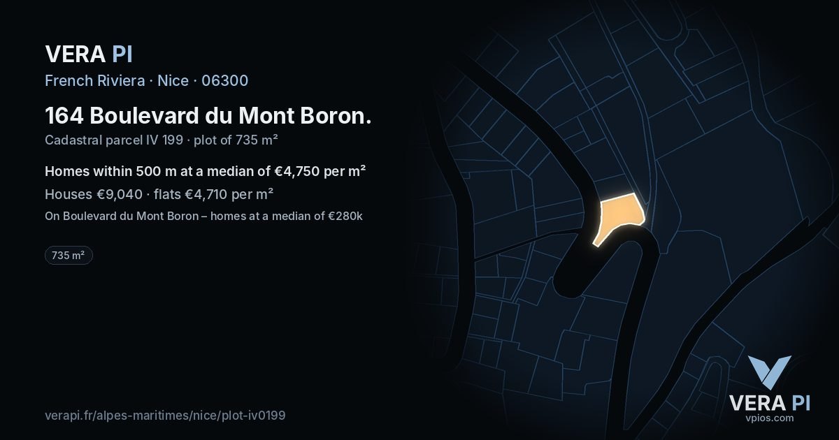 164 Boulevard du Mont Boron, Nice at night – the plot lit, the parcels around coloured by the prices near them
