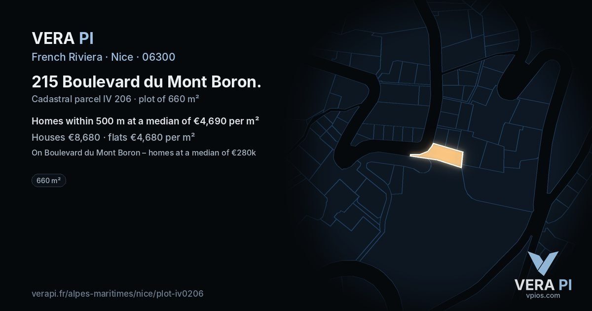 215 Boulevard du Mont Boron, Nice at night – the plot lit, the parcels around coloured by the prices near them