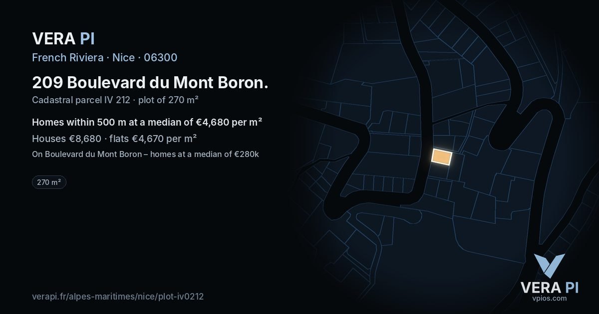 209 Boulevard du Mont Boron, Nice at night – the plot lit, the parcels around coloured by the prices near them