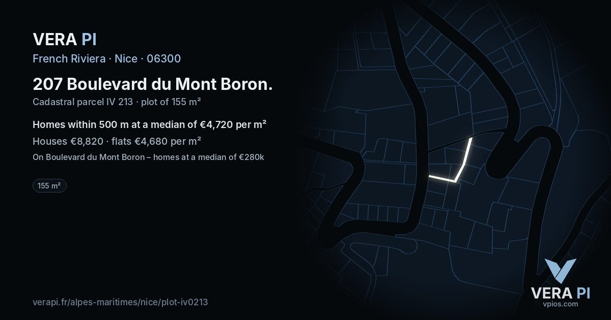 207 Boulevard du Mont Boron, Nice at night – the plot lit, the parcels around coloured by the prices near them