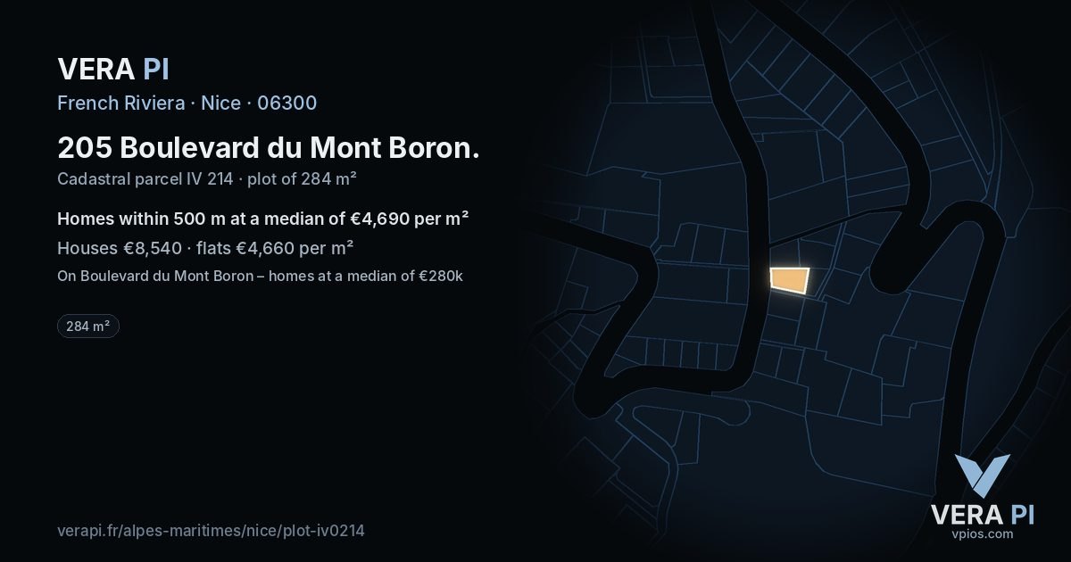 205 Boulevard du Mont Boron, Nice at night – the plot lit, the parcels around coloured by the prices near them