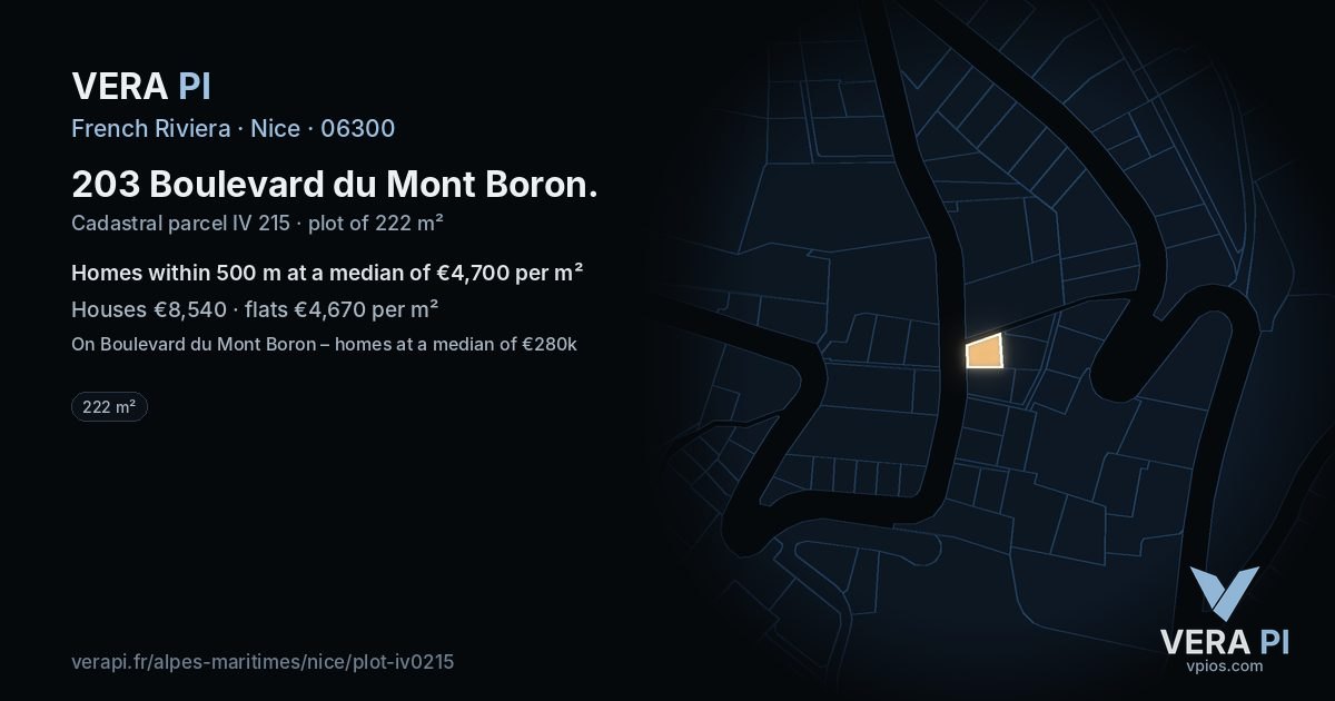 203 Boulevard du Mont Boron, Nice at night – the plot lit, the parcels around coloured by the prices near them