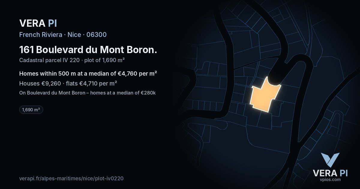 161 Boulevard du Mont Boron, Nice at night – the plot lit, the parcels around coloured by the prices near them
