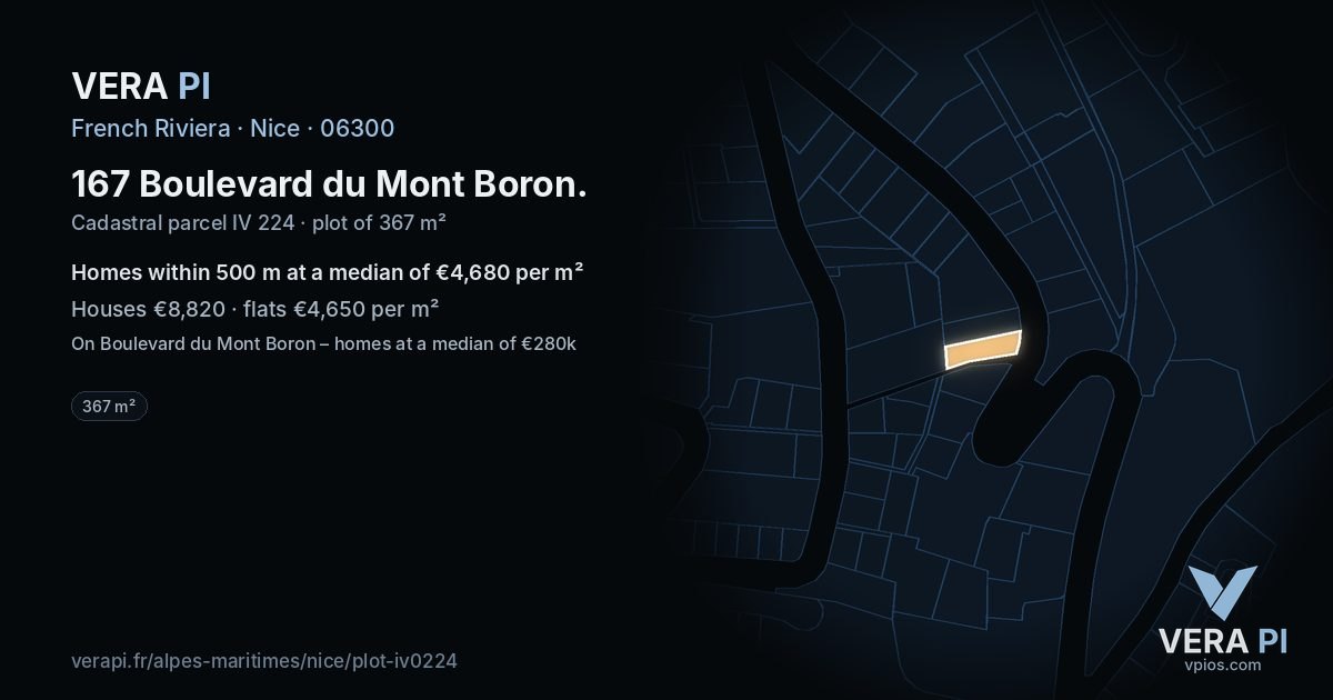 167 Boulevard du Mont Boron, Nice at night – the plot lit, the parcels around coloured by the prices near them
