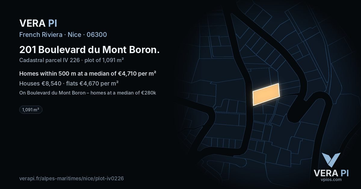 201 Boulevard du Mont Boron, Nice at night – the plot lit, the parcels around coloured by the prices near them