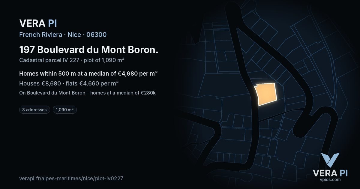 197 Boulevard du Mont Boron, Nice at night – the plot lit, the parcels around coloured by the prices near them