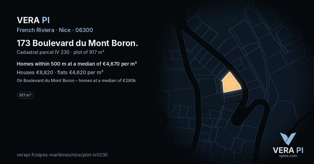 173 Boulevard du Mont Boron, Nice at night – the plot lit, the parcels around coloured by the prices near them