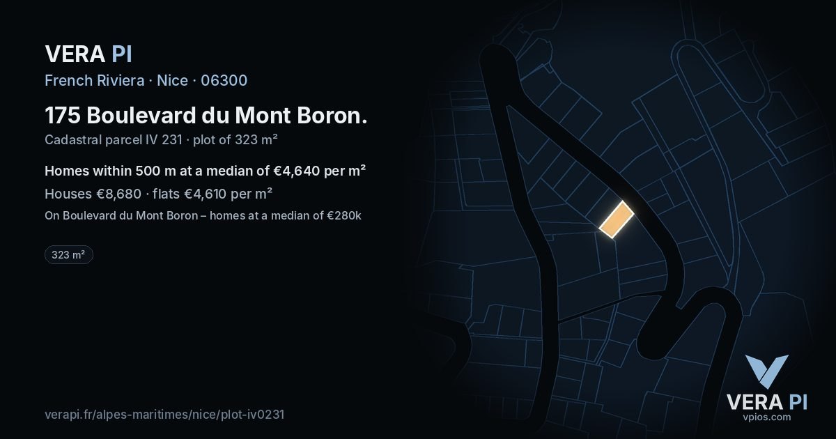 175 Boulevard du Mont Boron, Nice at night – the plot lit, the parcels around coloured by the prices near them