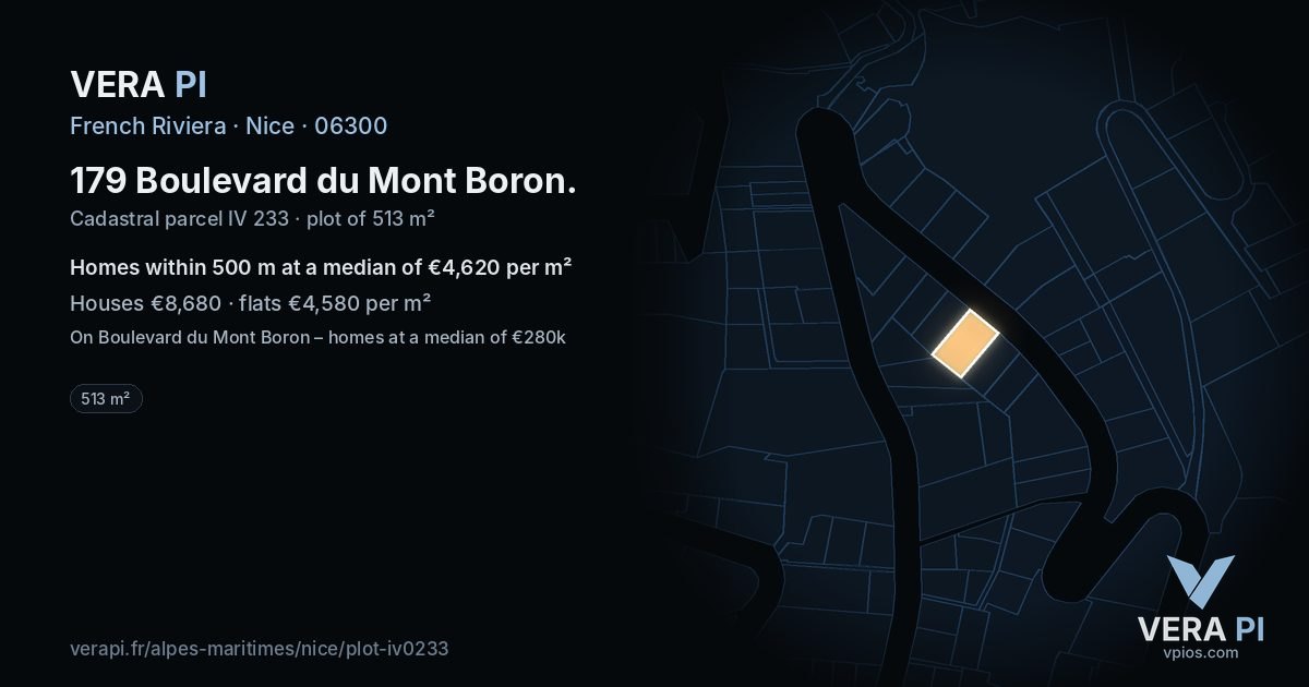 179 Boulevard du Mont Boron, Nice at night – the plot lit, the parcels around coloured by the prices near them