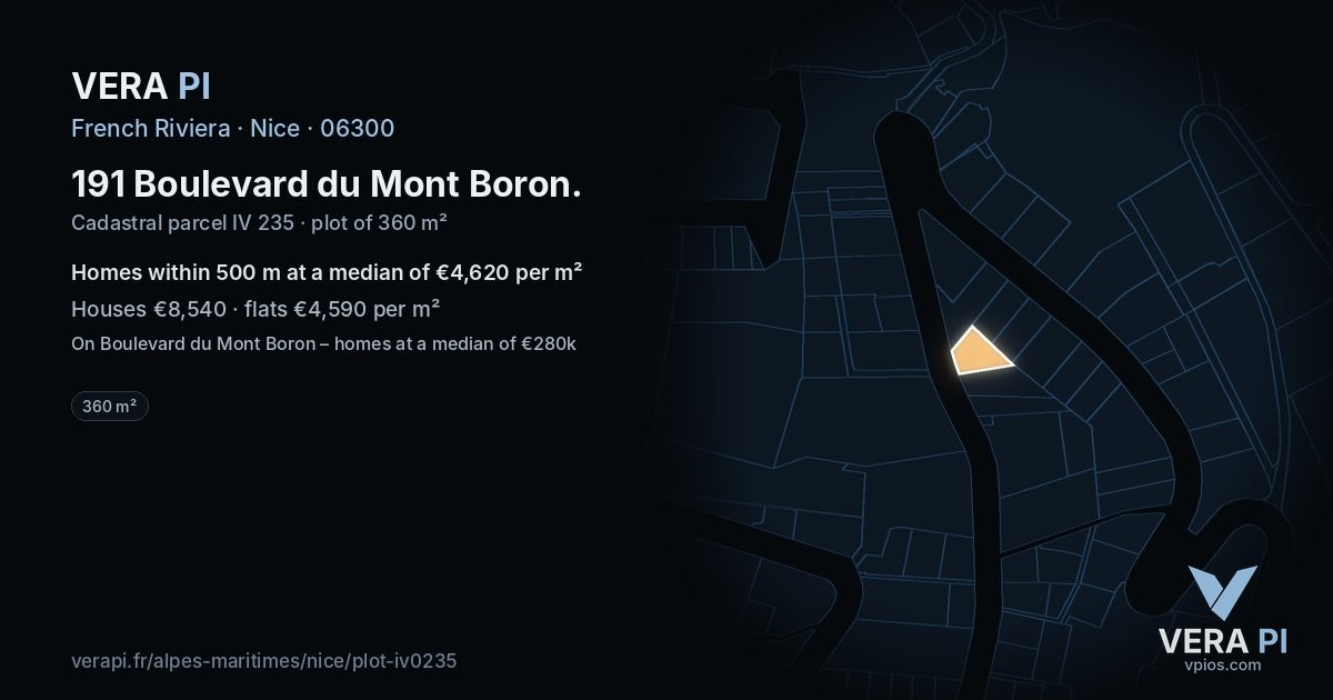 191 Boulevard du Mont Boron, Nice at night – the plot lit, the parcels around coloured by the prices near them