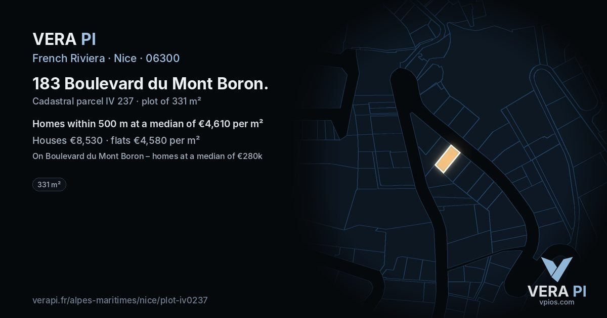 183 Boulevard du Mont Boron, Nice at night – the plot lit, the parcels around coloured by the prices near them