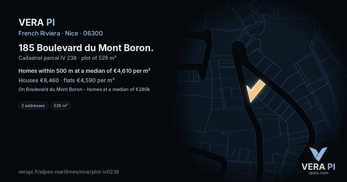 185 Boulevard du Mont Boron, Nice at night – the plot lit, the parcels around coloured by the prices near them