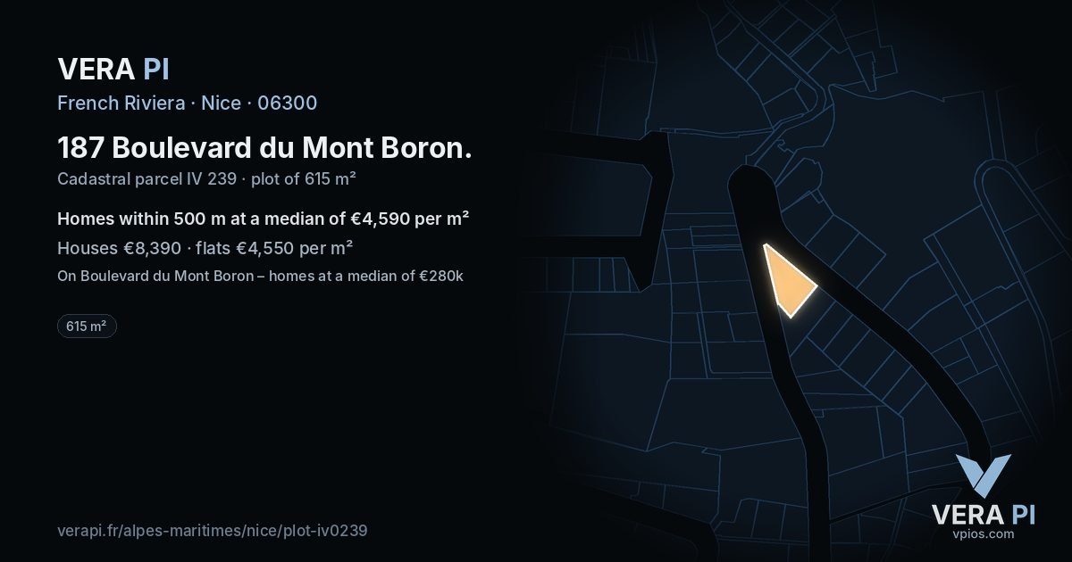 187 Boulevard du Mont Boron, Nice at night – the plot lit, the parcels around coloured by the prices near them