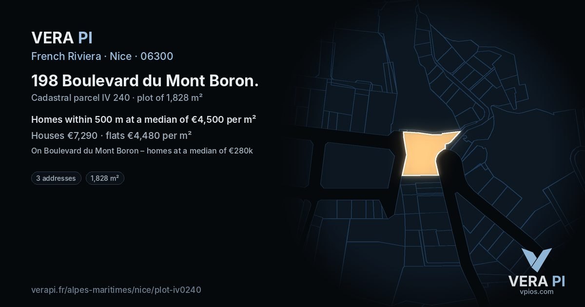198 Boulevard du Mont Boron, Nice at night – the plot lit, the parcels around coloured by the prices near them