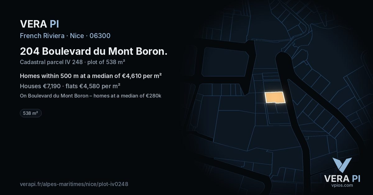 204 Boulevard du Mont Boron, Nice at night – the plot lit, the parcels around coloured by the prices near them