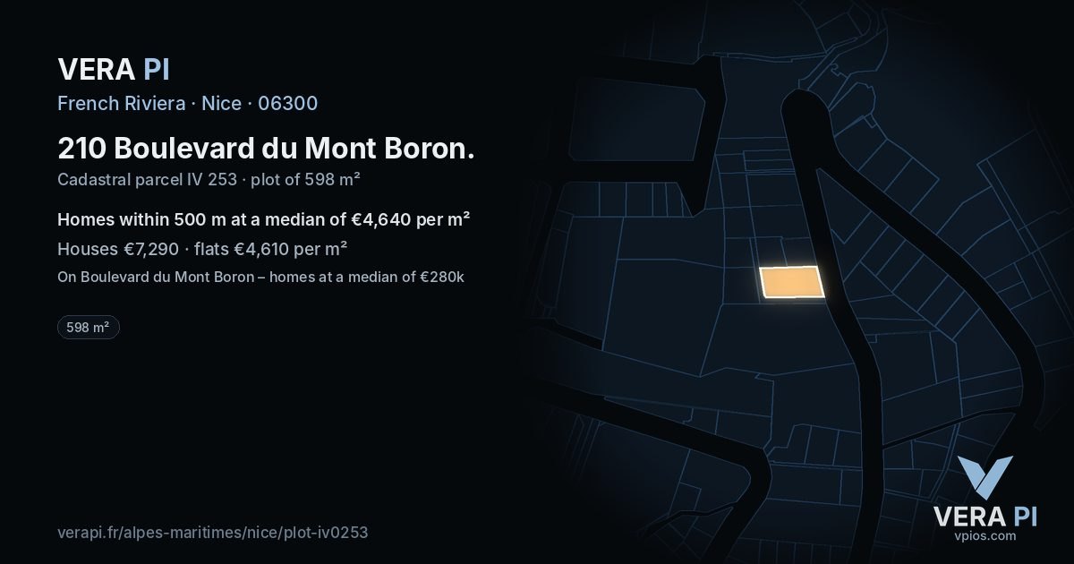 210 Boulevard du Mont Boron, Nice at night – the plot lit, the parcels around coloured by the prices near them