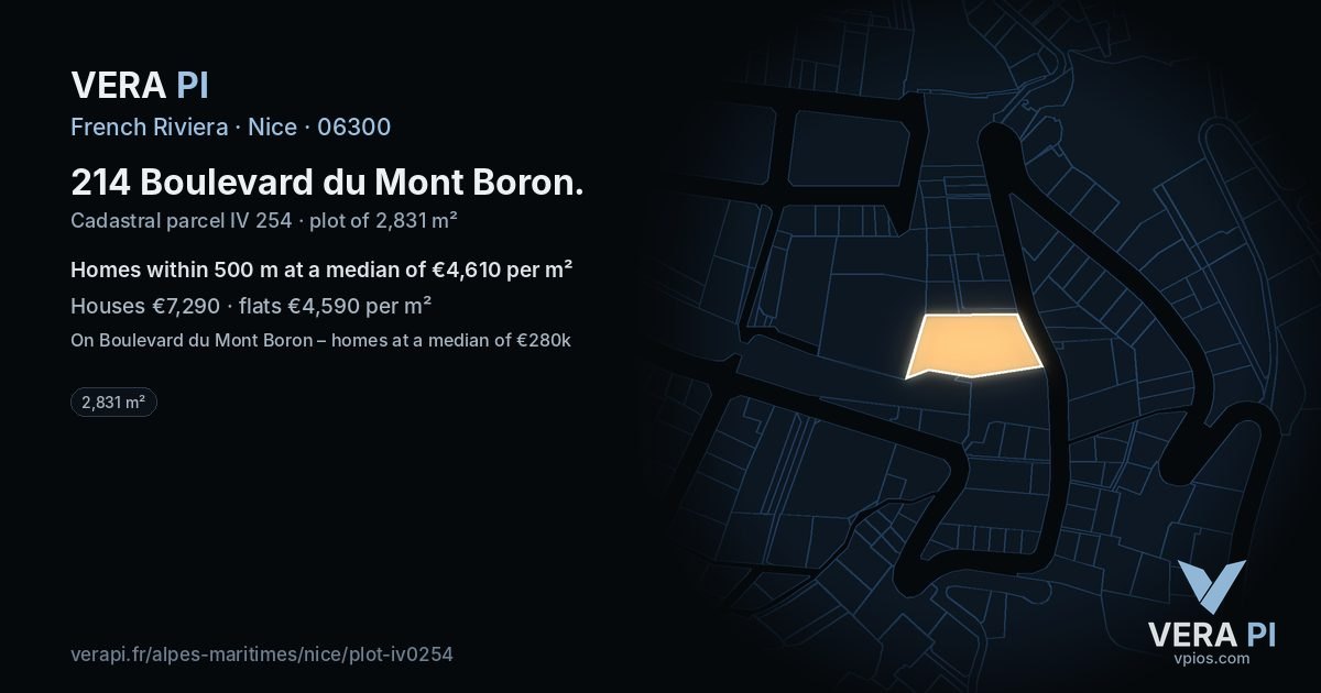 214 Boulevard du Mont Boron, Nice at night – the plot lit, the parcels around coloured by the prices near them