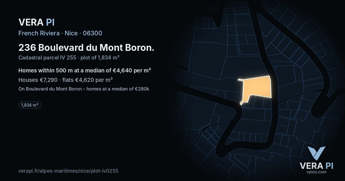 236 Boulevard du Mont Boron, Nice at night – the plot lit, the parcels around coloured by the prices near them