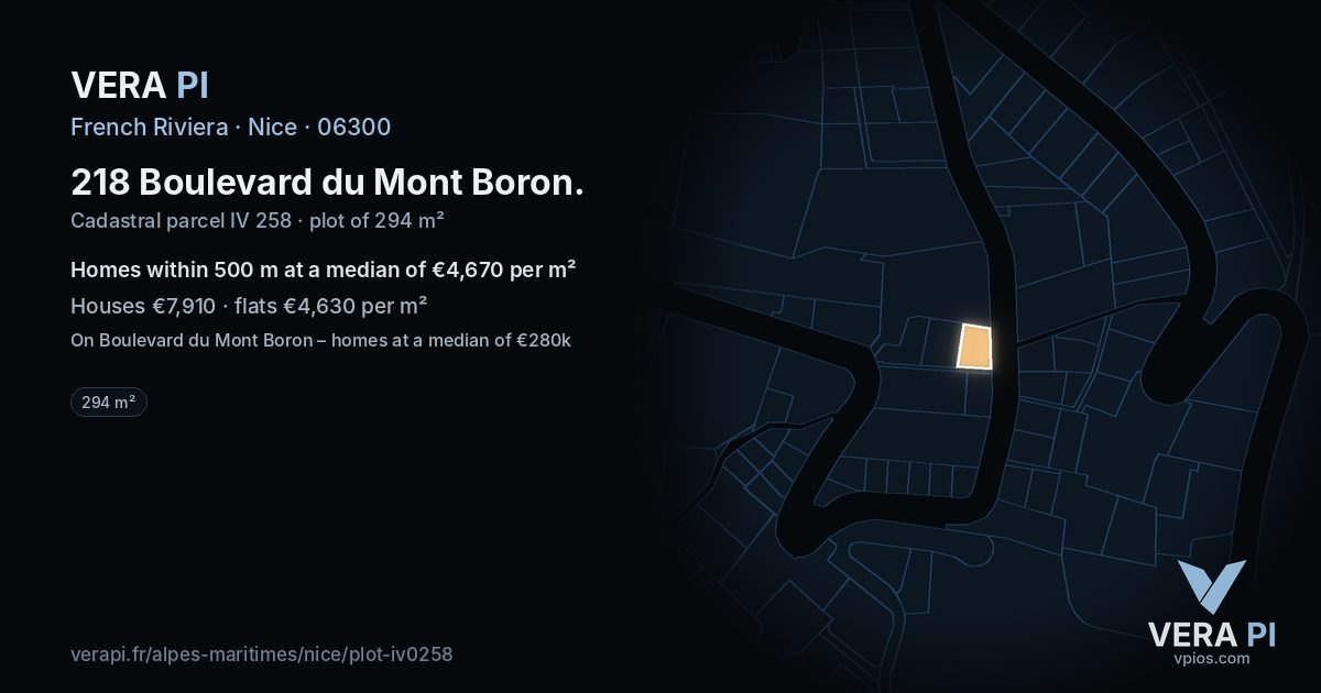 218 Boulevard du Mont Boron, Nice at night – the plot lit, the parcels around coloured by the prices near them