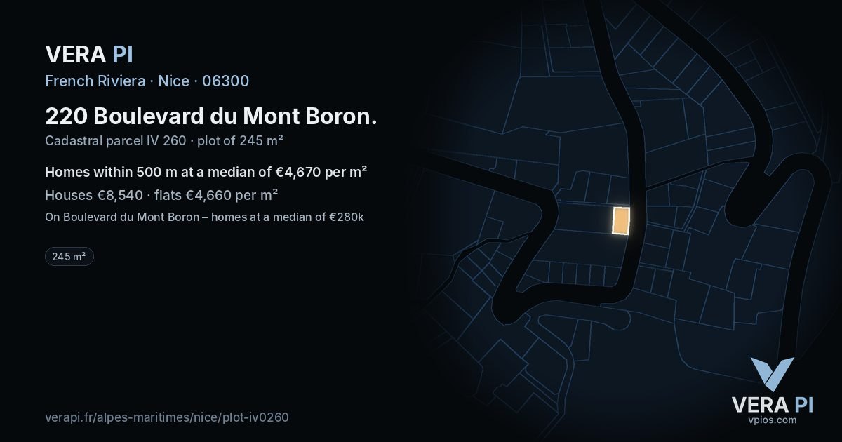 220 Boulevard du Mont Boron, Nice at night – the plot lit, the parcels around coloured by the prices near them
