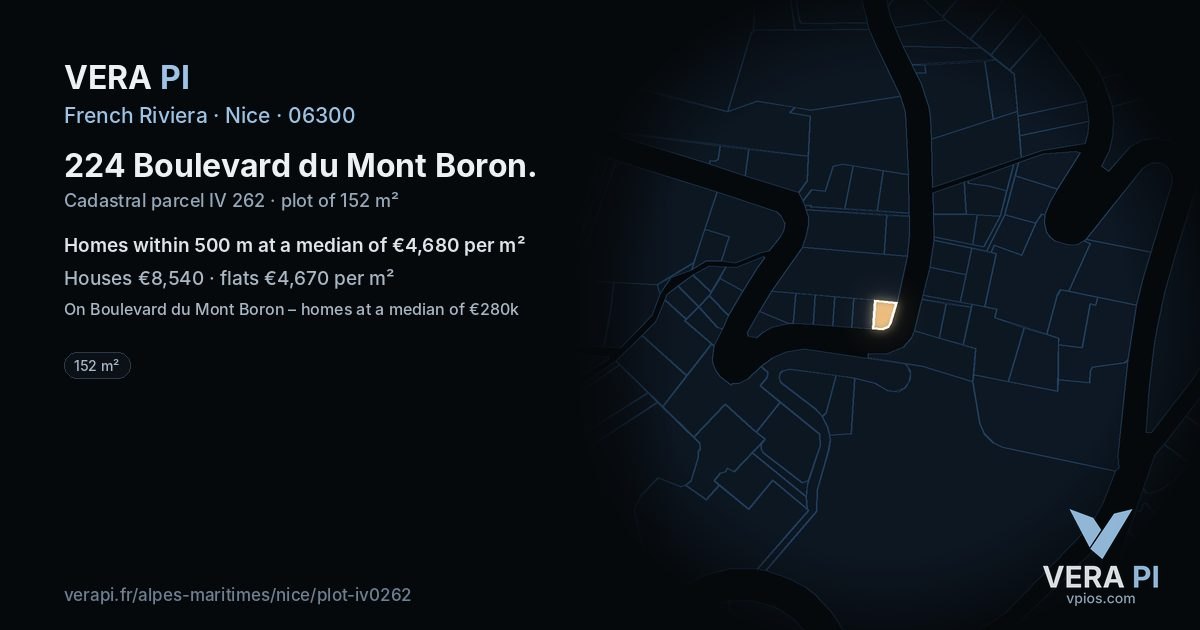 224 Boulevard du Mont Boron, Nice at night – the plot lit, the parcels around coloured by the prices near them