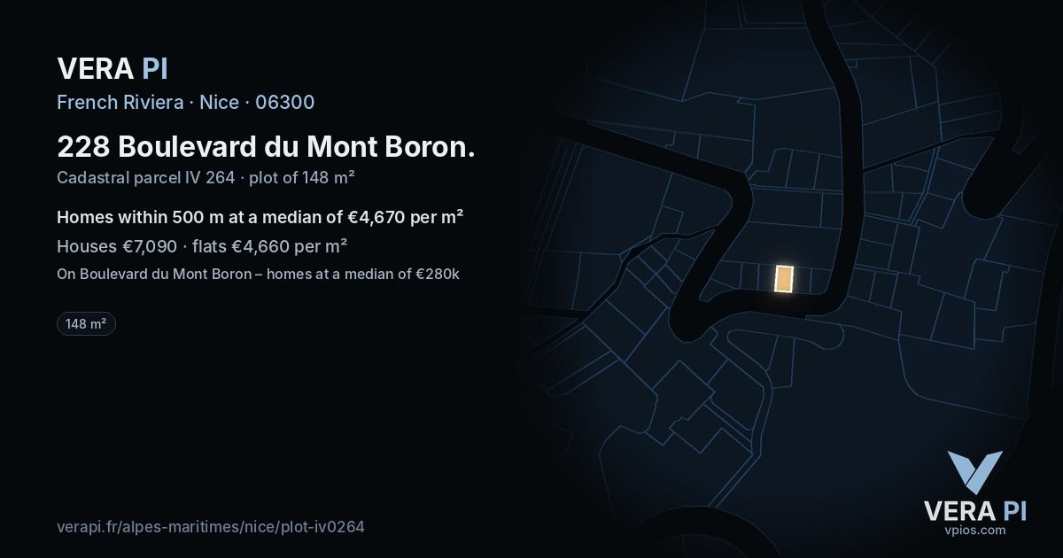 228 Boulevard du Mont Boron, Nice at night – the plot lit, the parcels around coloured by the prices near them