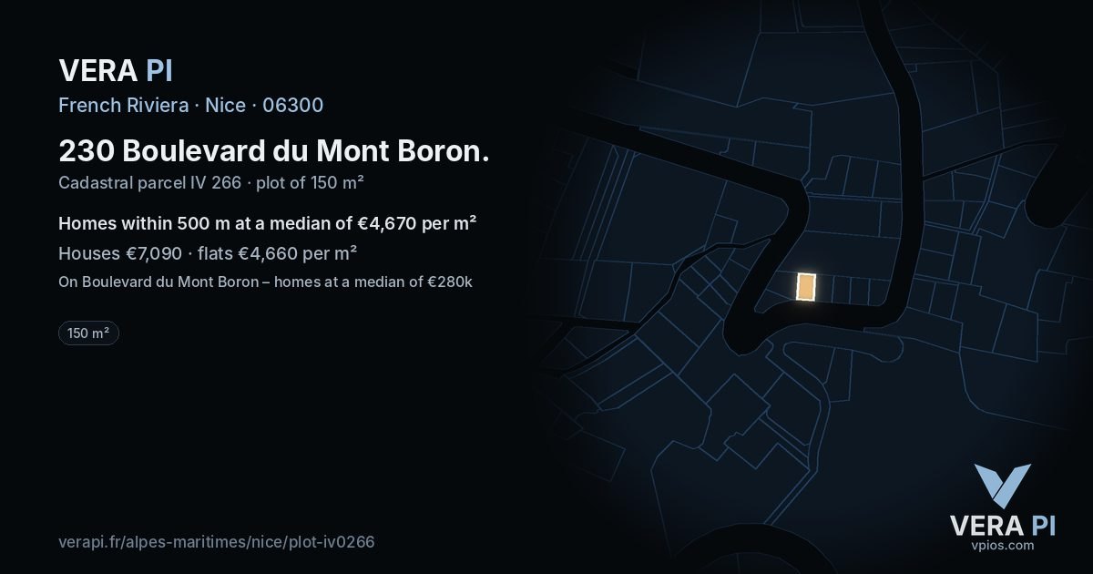 230 Boulevard du Mont Boron, Nice at night – the plot lit, the parcels around coloured by the prices near them