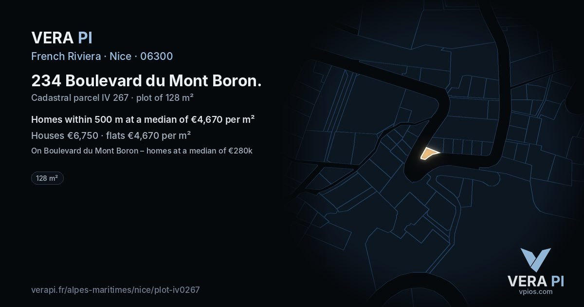 234 Boulevard du Mont Boron, Nice at night – the plot lit, the parcels around coloured by the prices near them