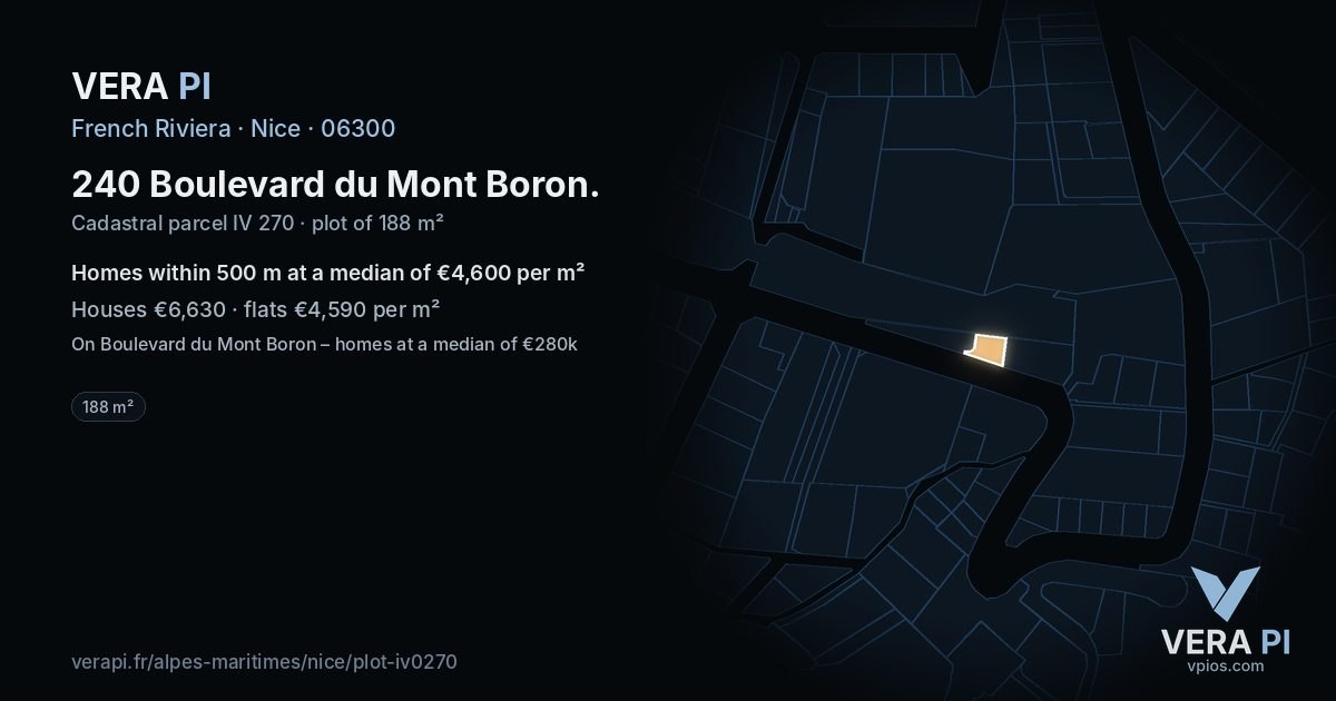 240 Boulevard du Mont Boron, Nice at night – the plot lit, the parcels around coloured by the prices near them