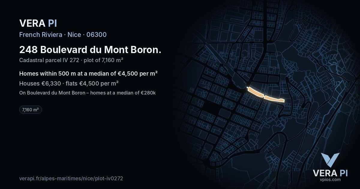 248 Boulevard du Mont Boron, Nice at night – the plot lit, the parcels around coloured by the prices near them