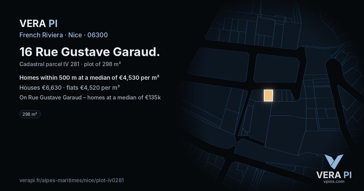 16 Rue Gustave Garaud, Nice at night – the plot lit, the parcels around coloured by the prices near them