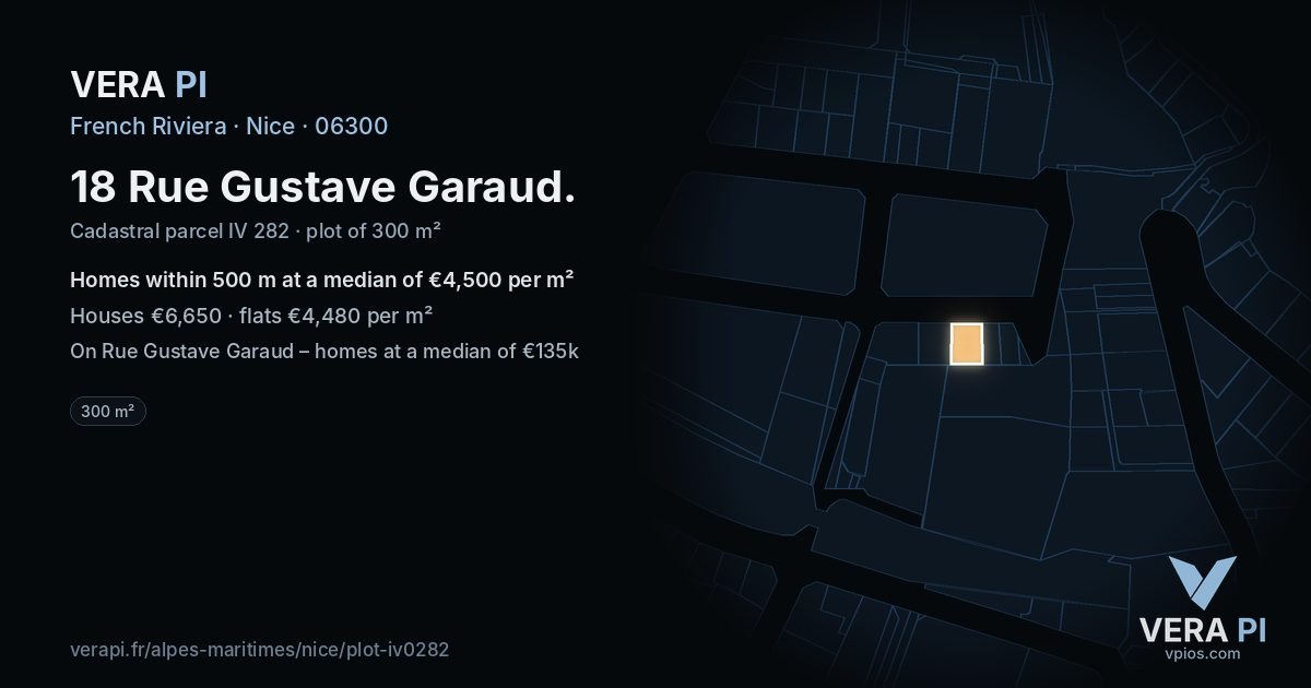 18 Rue Gustave Garaud, Nice at night – the plot lit, the parcels around coloured by the prices near them