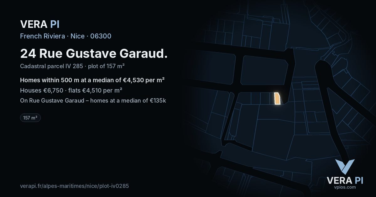 24 Rue Gustave Garaud, Nice at night – the plot lit, the parcels around coloured by the prices near them